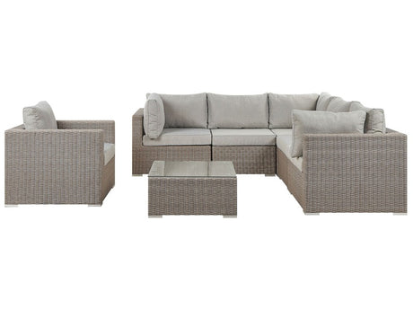 Garden Lounge Set Taupe PE Rattan Corner Sofa Armchair Coffee Table Grey Cushions Beliani