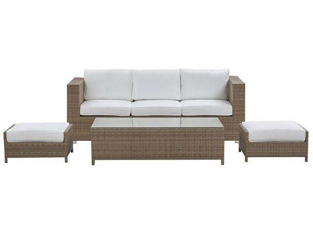 Outdoor Sofa Set Brown Faux Rattan 3 Seater Sofa with Table and 2 Ottomans White Cushions  Beliani