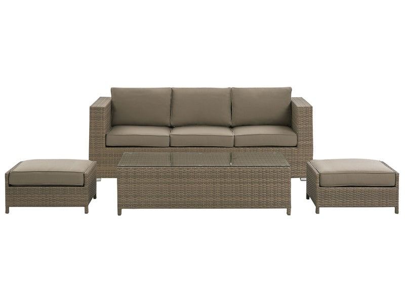 Outdoor Sofa Set Brown Faux Rattan 3 Seater Sofa with Table and 2 Ottomans with Cushions  Beliani