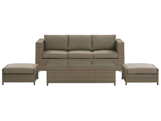 Outdoor Sofa Set Brown Faux Rattan 3 Seater Sofa with Table and 2 Ottomans with Cushions  Beliani