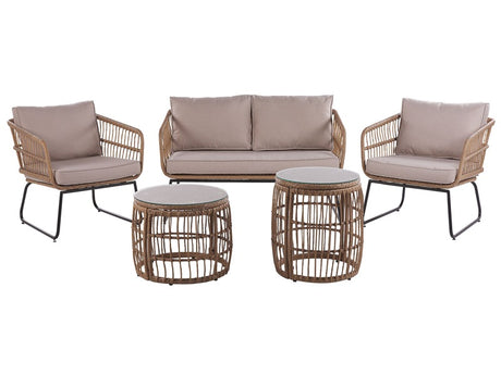 Garden Sofa Set Beige Cushions Faux Rattan Outdoor 4 Seater 2 Coffee Tables Beliani