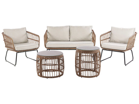 Garden Sofa Set Beige Cushions Faux Rattan Outdoor 4 Seater 2 Coffee Tables Beliani