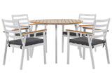 Outdoor Dining Set White Aluminium 4 Seater Round Table 105 cm Slatted Chairs with Grey Seat Pads Beliani
