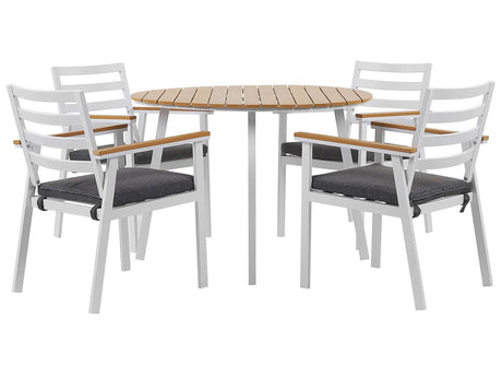 Outdoor Dining Set White Aluminium 4 Seater Round Table 105 cm Slatted Chairs with Grey Seat Pads Beliani