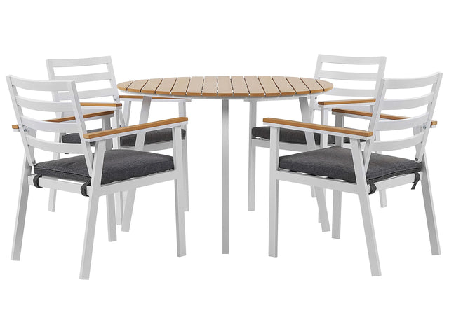 Outdoor Dining Set White Aluminium 4 Seater Round Table 105 cm Slatted Chairs with Grey Seat Pads Beliani