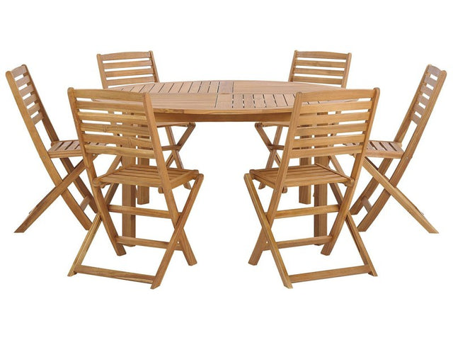 7 Piece Garden Dining Set Light Acacia Wood Round Table and 6 Folding Slatted Chairs  Beliani