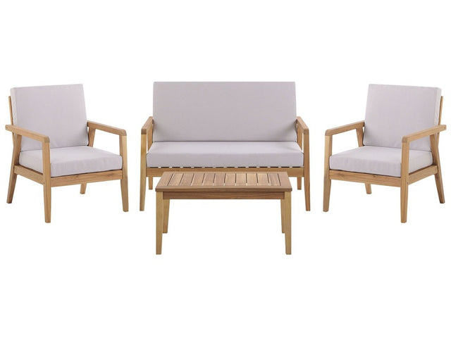 Garden Conversation Set Light Acacia Wood with Taupe Cushions Sofa with Armchairs and Coffee Table Beliani