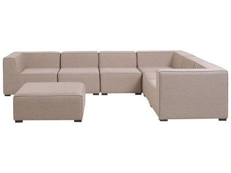 Corner Sofa Set Beige Fabric Upholstery 7 Seater with Ottoman Indoor Outdoor Modular Garden Lounge Set Left Hand Beliani