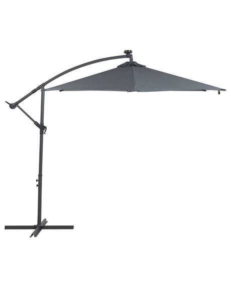 Garden Cantilever Parasol Grey Polyester Shade with LED Light   285 cm Aluminium Pole Crank Mechanism Outdoor Umbrella Beliani