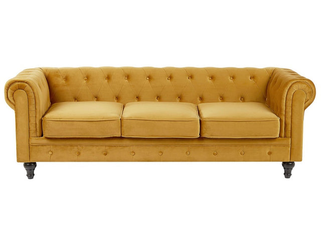 Chesterfield Sofa Mustard Yellow Velvet Fabric Upholstery Black Legs 3 Seater Beliani