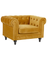 Chesterfield Armchair Yellow Velvet Fabric Upholstery Dark Wood Legs Contemporary Beliani