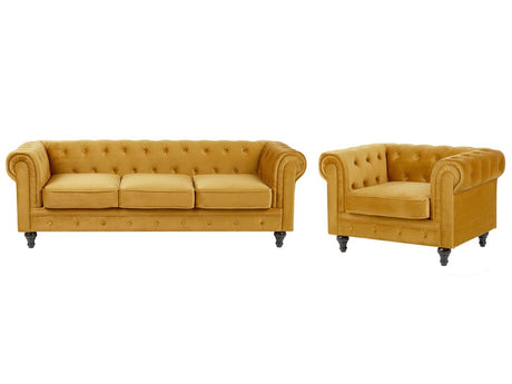 Chesterfield Living Room Set Mustard Yellow Velvet Upholstery Black Legs 3 Seater Sofa + Armchair Beliani