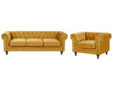 Chesterfield Living Room Set Mustard Yellow Velvet Upholstery Black Legs 3 Seater Sofa + Armchair Beliani