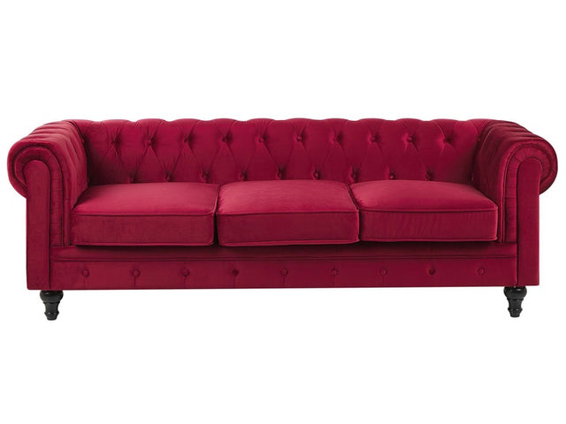 Chesterfield Sofa Dark Red Velvet Fabric Upholstery Black Legs 3 Seater Beliani