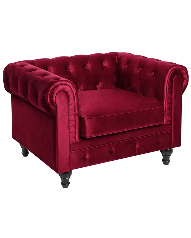 Chesterfield Armchair Dark Red Velvet Fabric Upholstery Dark Wood Legs Contemporary Beliani