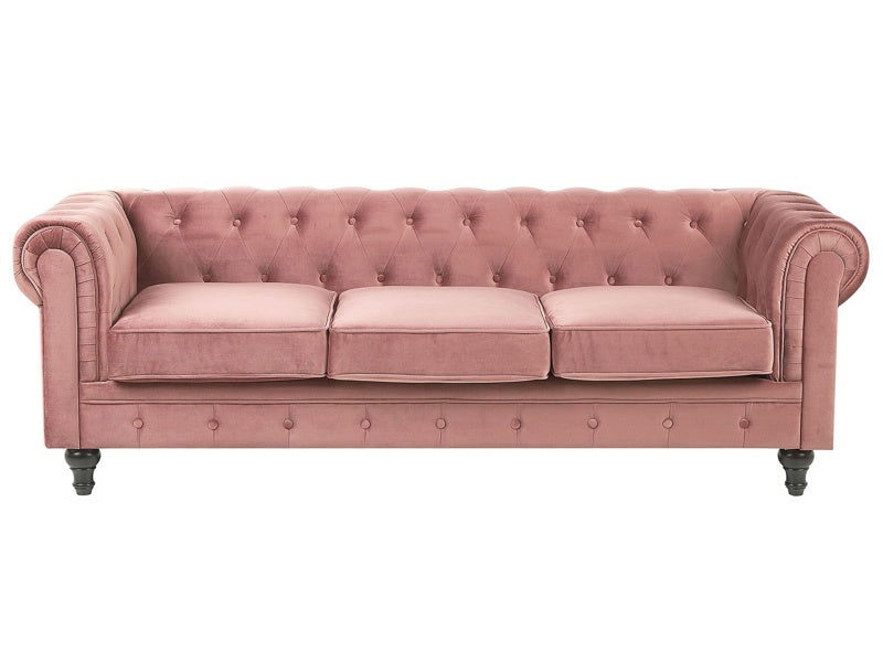 Chesterfield Sofa Pink Velvet Fabric Upholstery Black Legs 3 Seater Beliani