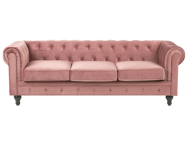Chesterfield Sofa Pink Velvet Fabric Upholstery Black Legs 3 Seater Beliani