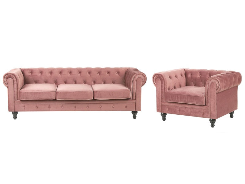 Chesterfield Living Room Set Pink Velvet Upholstery Black Legs 3 Seater Sofa + Armchair Beliani