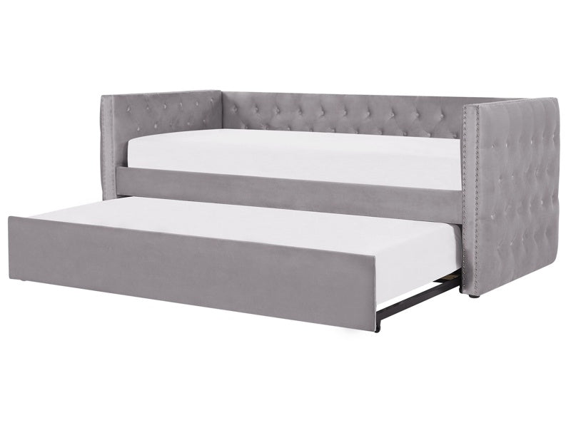 Trundle Bed Frame Grey EU Velvet Single Size 3ft Slatted Frame Buttoned Nailhead Trims Glam Beliani