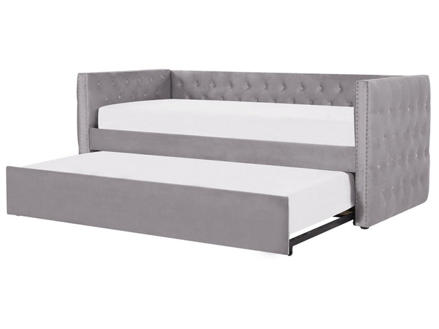 Trundle Bed Frame Grey EU Velvet Single Size 3ft Slatted Frame Buttoned Nailhead Trims Glam Beliani