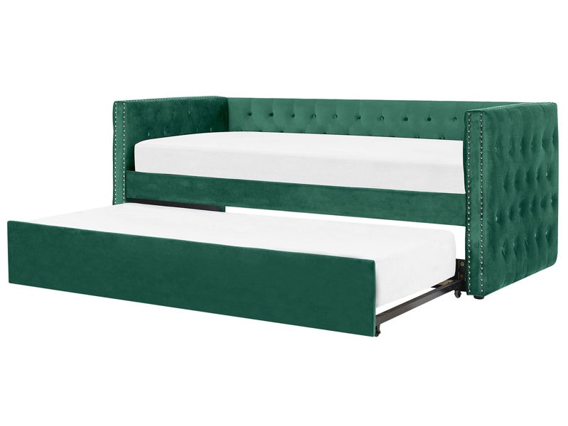 Trundle Bed Frame Green EU Velvet Single Size 3ft Slatted Frame Buttoned Nailhead Trims Glam Beliani