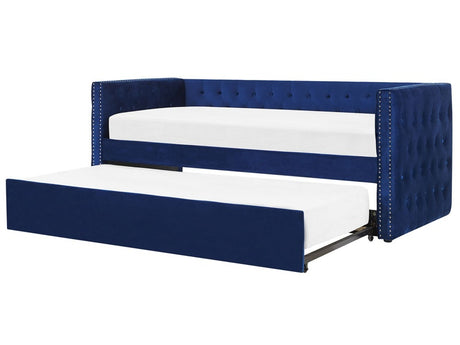 Trundle Bed Frame Blue EU Velvet Single Size 3ft Slatted Frame Buttoned Nailhead Trims Glam Beliani