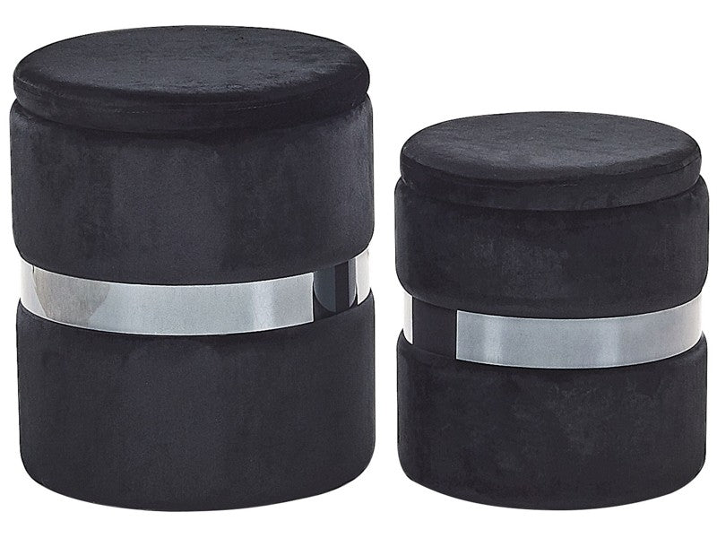 Set of 2 Storage Pouffes Black Polyester Velvet Upholstery Footstool Glam Style Beliani