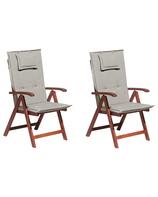 Set of 2 Garden Chairs Acacia Wood Taupe Cushion Adjustable Foldable Outdoor Country Rustic Style Beliani