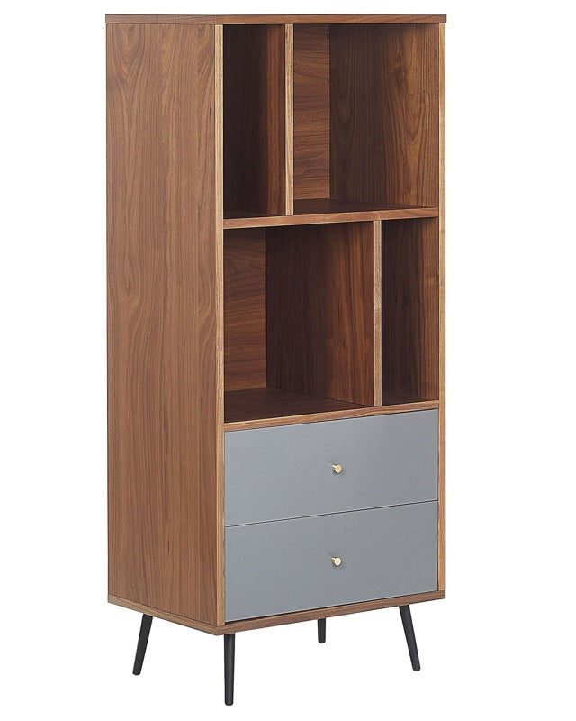 Bookcase Dark Wood with Grey MDF 139 x 60 x 40 cm Storage Unit with Drawers Modern Beliani
