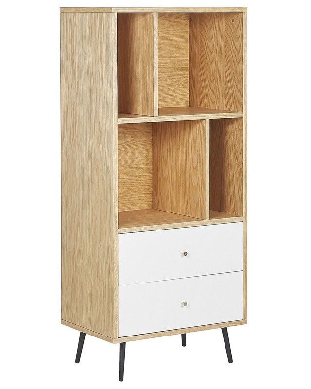 Bookcase Light Wood with White MDF 139 x 60 x 40 cm Storage Unit with Drawers Modern Beliani