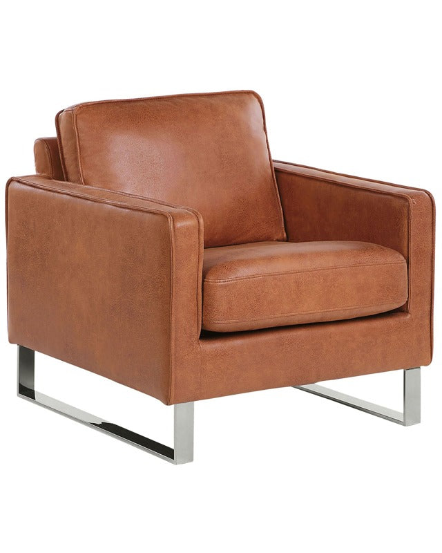 Armchair Golden Brown Faux Leather Track Arms Metal Legs Retro Beliani