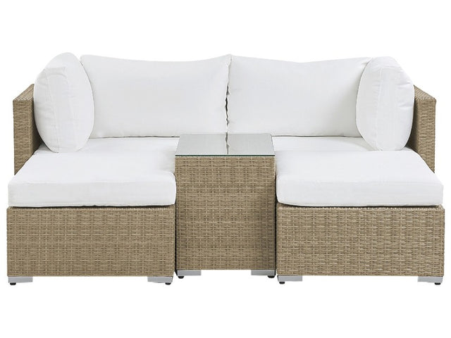 Garden Lounge Set Brown White Cushions PE Rattan for 2 People 3 Piece Outdoor Set with Side Table Beliani