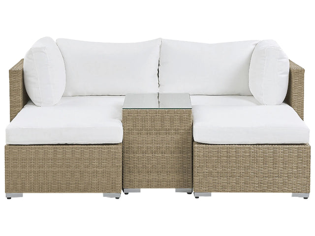 Garden Lounge Set Brown White Cushions PE Rattan for 2 People 3 Piece Outdoor Set with Side Table Beliani