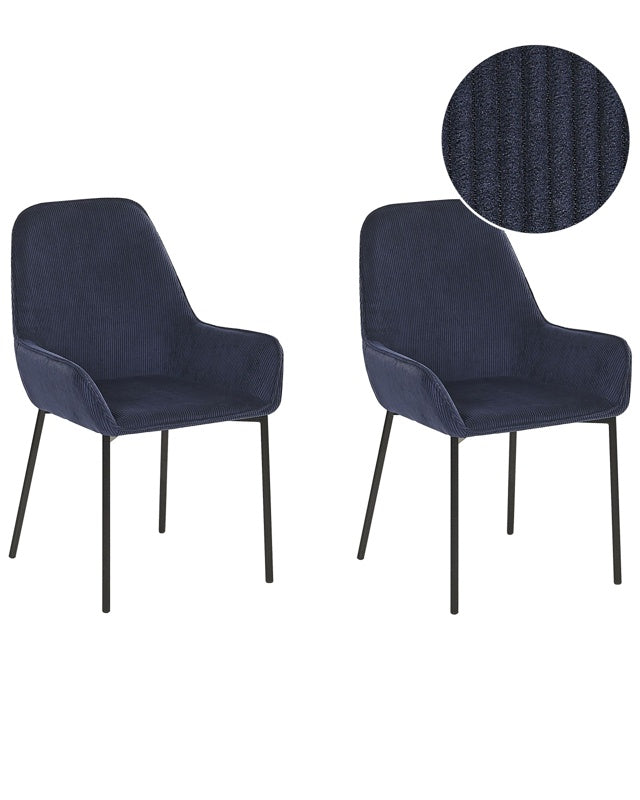 Set of 2 Dining Room Chairs Dark Blue Corduroy Fabric Upholstered Seat Black Metal Legs Modern Style Beliani