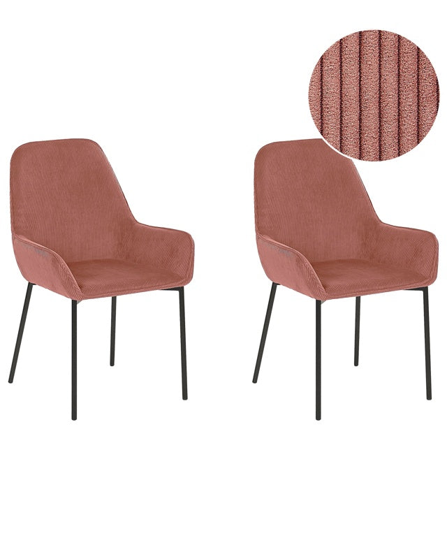 Set of 2 Dining Room Chairs Pink Corduroy Fabric Upholstered Seat Black Metal Legs Modern Style Beliani