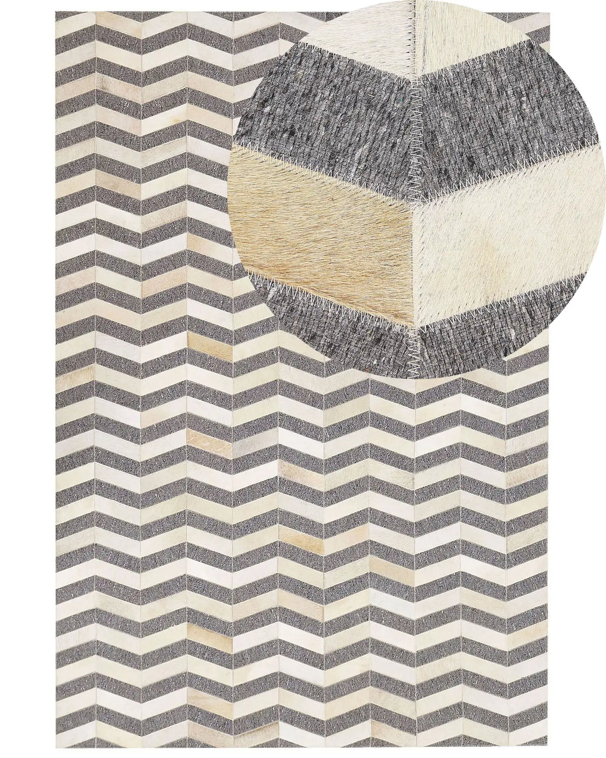 Area Rug Grey and Beige Jacquard Cowhide Leather Geometric Chevron Pattern Retro 140 x 200 cm Beliani