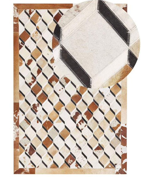 Area Rug Brown Cowhide Leather Patchwork Geometric Diamond Pattern Felt Underlay 140 x 200 cm Modern Country Beliani