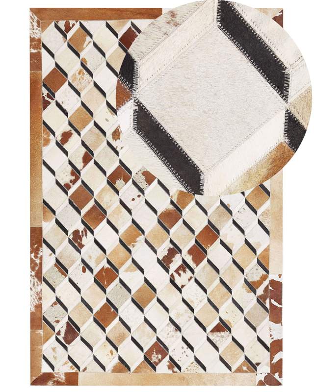 Area Rug Brown Cowhide Leather Patchwork Geometric Diamond Pattern Felt Underlay 140 x 200 cm Modern Country Beliani