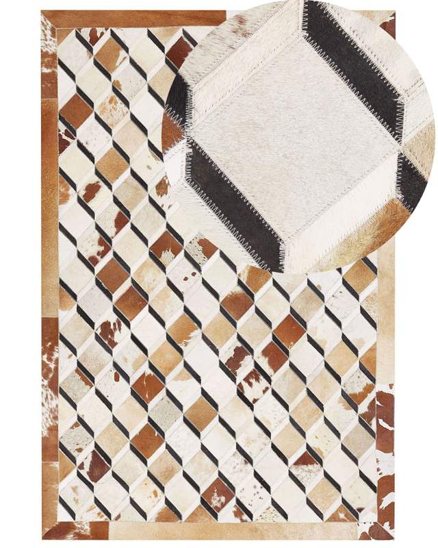 Area Rug Brown Cowhide Leather Patchwork Geometric Diamond Pattern Felt Underlay 160 x 230 cm Modern Country Beliani