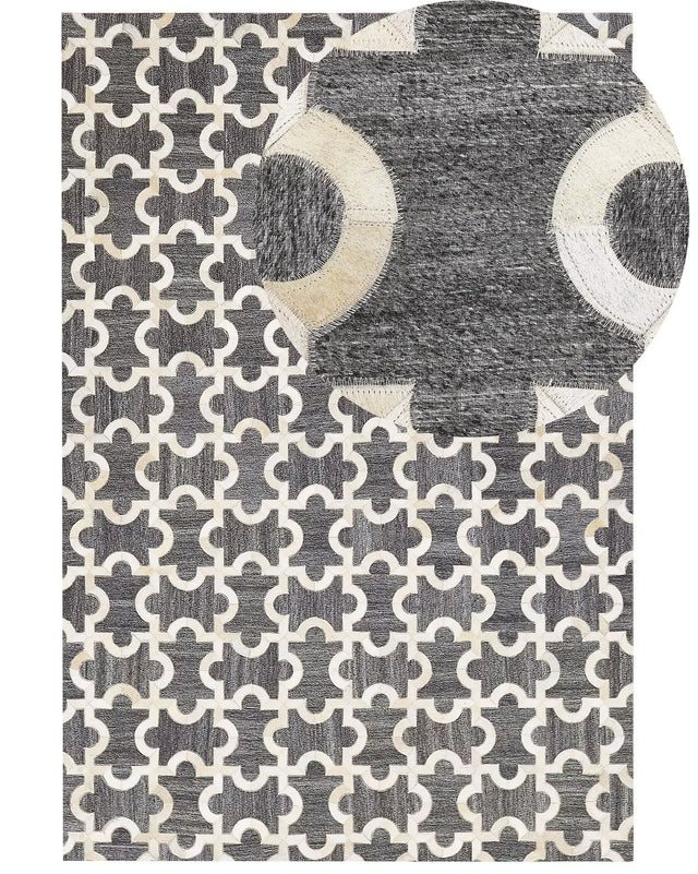 Area Rug Grey and Beige Jacquard Cowhide Leather Puzzle Geometric Pattern Retro 140 x 200 cm Beliani