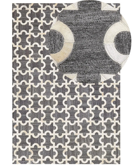 Area Rug Grey and Beige Jacquard Cowhide Leather Puzzle Geometric Pattern Retro 160 x 230 cm Beliani