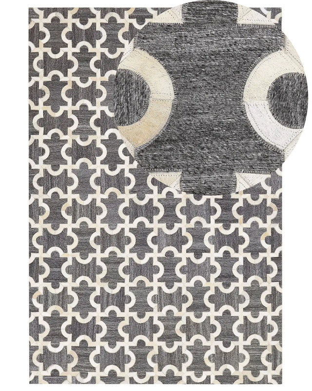 Area Rug Grey and Beige Jacquard Cowhide Leather Puzzle Geometric Pattern Retro 160 x 230 cm Beliani