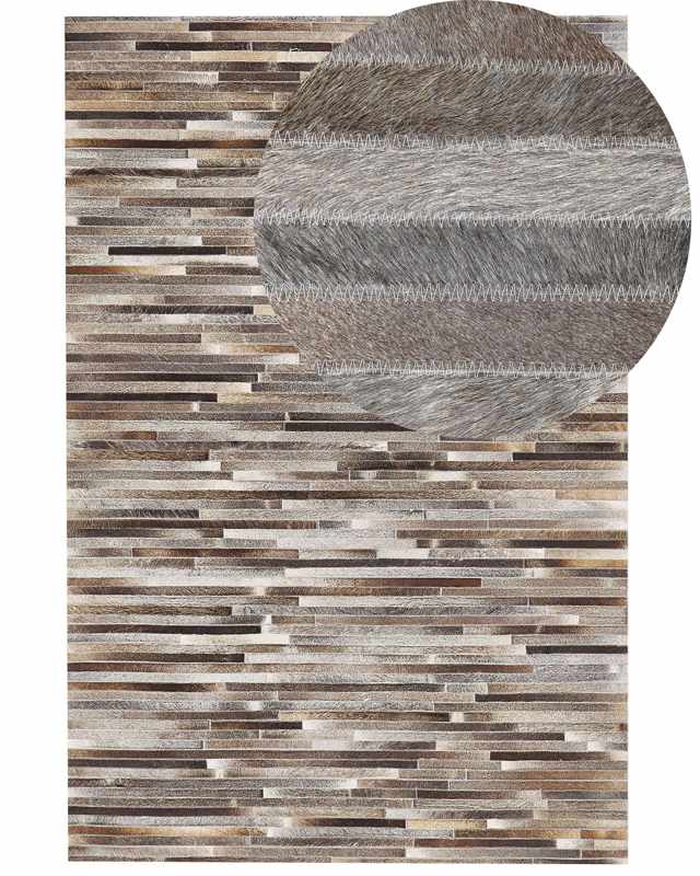 Area Rug Brown and Grey Cowhide Leather 140 x 200 cm Striped Pattern Patchwork Beliani