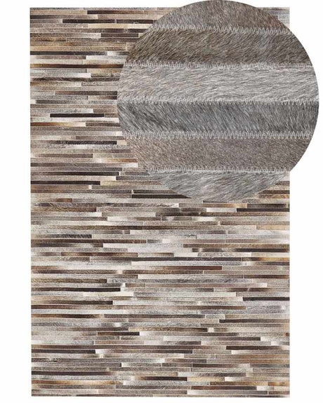 Area Rug Brown and Grey Cowhide Leather 160 x 230 cm Striped Pattern Patchwork Beliani