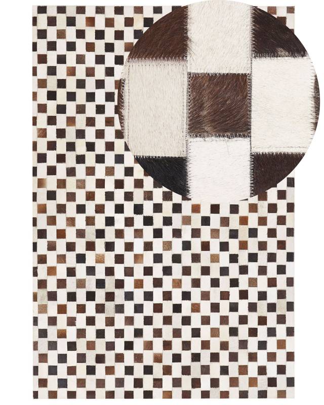 Area Rug Brown and Beige Cowhide Leather 160 x 230 cm Geometric Pattern Patchwork Beliani