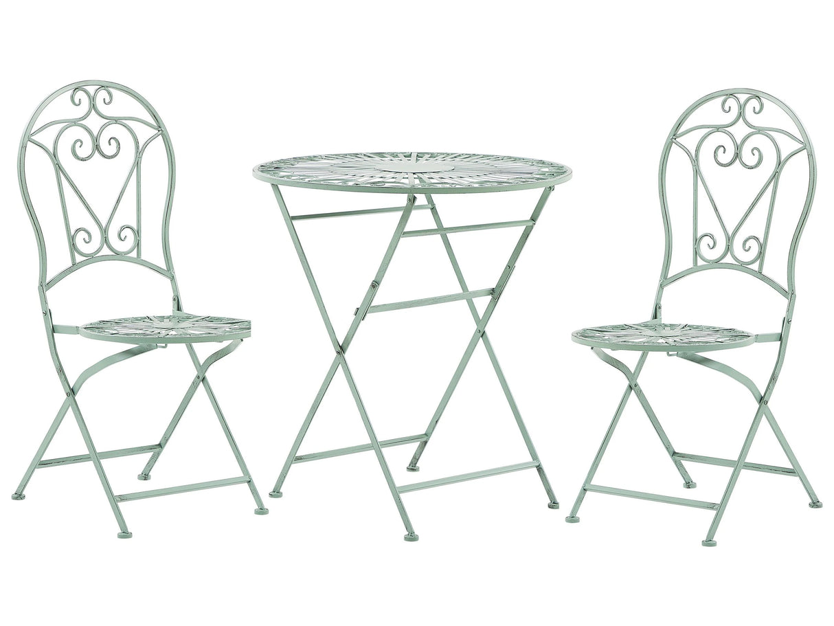 Outdoor Bistro Set Green Metal 2 Folding Chairs Round Table Decorative Balcony Set Beliani