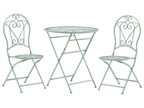 Outdoor Bistro Set Green Metal 2 Folding Chairs Round Table Decorative Balcony Set Beliani