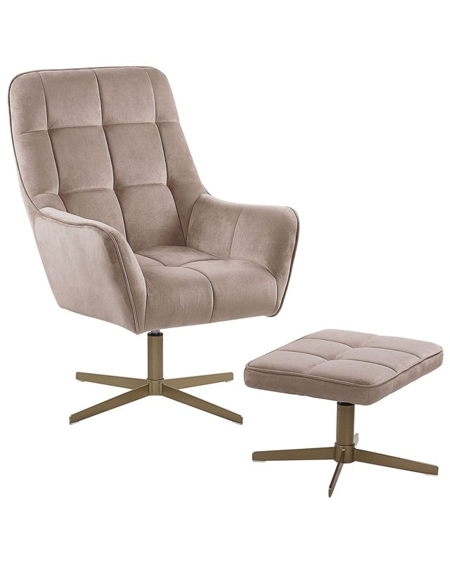 Armchair and Footstool Beige Velvet Upholstery Gold Metal Legs Modern Retro Traditional Living Room Accent Piece Beliani