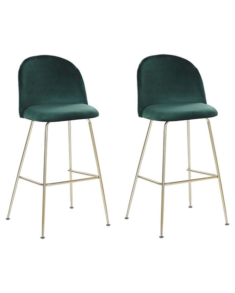 Set of 2 Bar Chairs Green Velvet Upholstery Golden Steel Frame Counter Height Seat Dining Room Furniture Glam Design Beliani