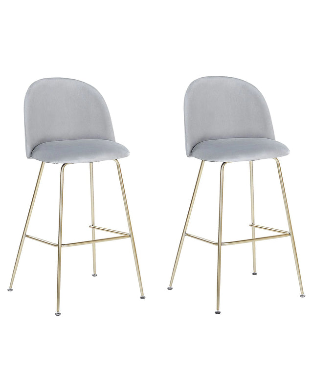 Set of 2 Bar Chairs Grey Velvet Upholstery Golden Steel Frame Counter Height Seat Dining Room Furniture Glam Design Beliani
